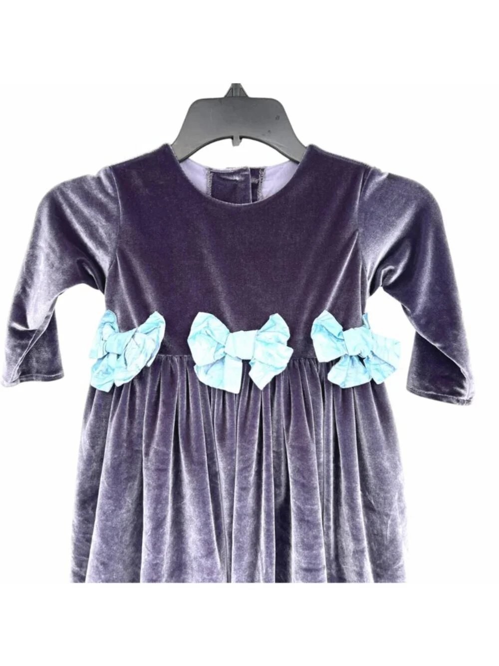 Mademoiselle Charlotte Velvet Gray Dress Blue Bow Accents Long Sleeves Size 2T